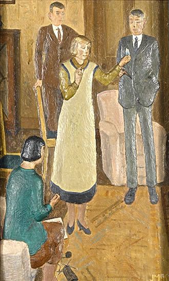 Artist John McKenzie: Figures in a Sitting Room with Budgerigar, circa 1930